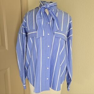 Zara basic striped poplin neck bow button up top S